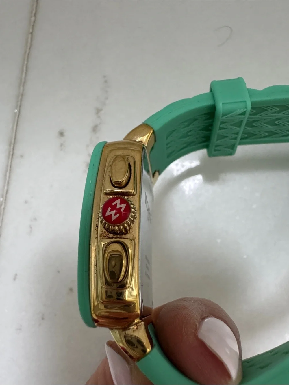 Michele Mint Green Silicone Strap Square Chronograph Watch with Gold Accents